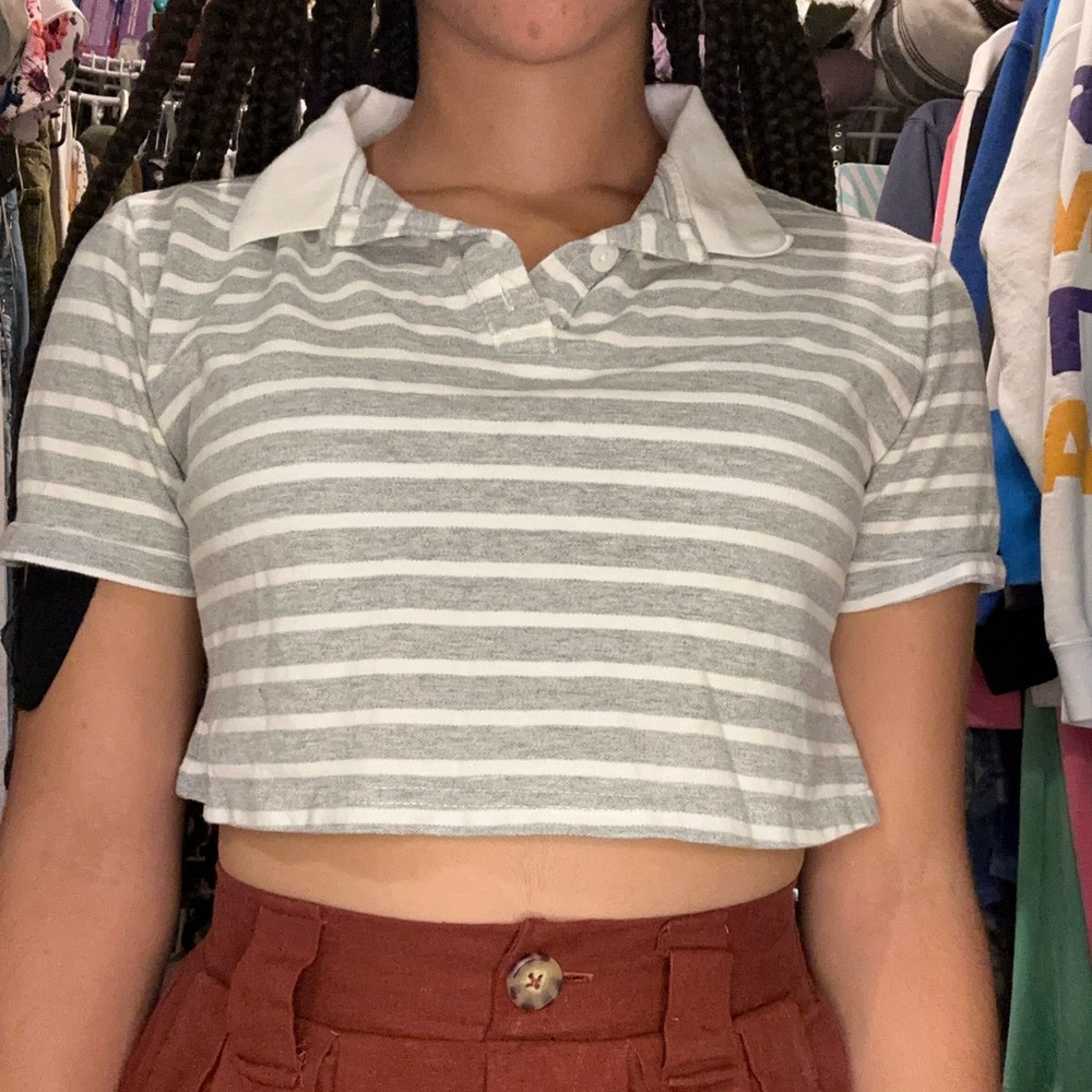 Wild Fable Grey & White Striped Collared Tee